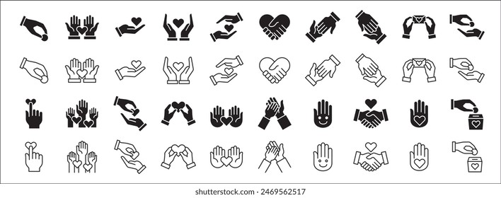 Collection of charity and donation icon set. Aids icons. Charity hands icon. Giving hand sign. Helping hand symbol. Vector stock illustration in flat style design resource for button and website.