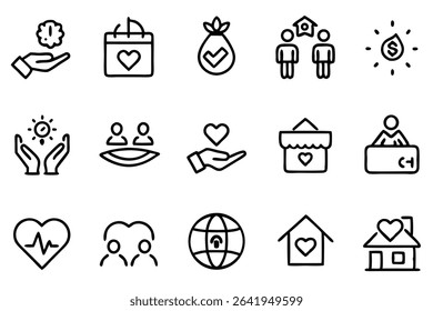 A collection of charity and love themed icons in a minimalist outline style for web design