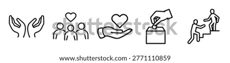 Collection of charity, volunteering, donation, and support icons. Simple line art symbols representing care, community, giving, and helping others.
