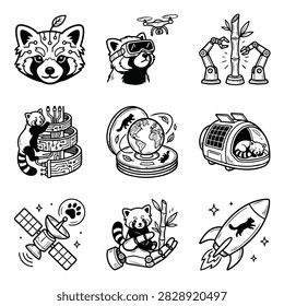 A collection of charming black and white illustrations featuring a red panda interacting with various technological elements and natural settings.