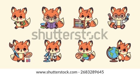 Collection of charming cartoon school foxes. Vector design.