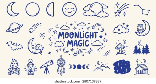 A collection of charming doodle illustrations featuring lunar phases constellations and nocturnal scenes for creative design projects.