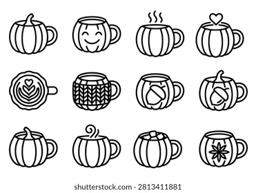 Collection of charming fall themed drinkware icons. Great for cafe menus seasonal greeting cards or beverage branding.