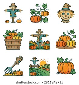 A collection of charming flat design icons representing the autumn harvest season, with a focus on pumpkins and scarecrows.