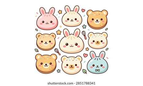 A collection of charming, flat vector illustrations of animal-themed baked goods. The set includes pink, blue, and cream-colored bunny steamed buns and bear-shaped macarons decorated with rainbow sprinkles, tiny hearts, stars, and small whisk icons against a clean white backdrop.