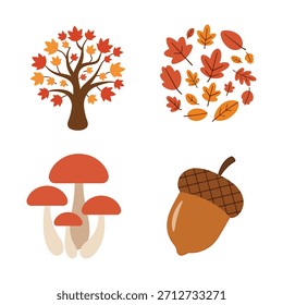 Uma coleção de encantadoras e planas ilustrações de outono com uma árvore, folhas caindo, cogumelos e uma bolota.