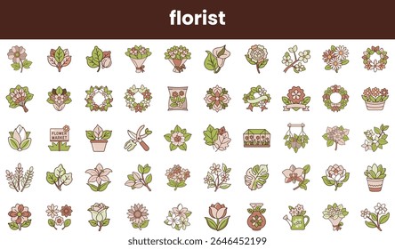 Uma coleção de encantadoras ilustrações florais com várias plantas, buquês e arranjos decorativos, ideais para o design ou marca de um florista.
