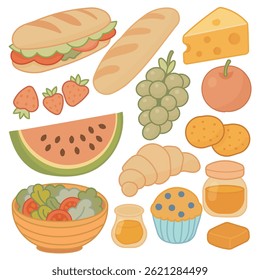  A collection of charming food illustrations, including savory and sweet options. 