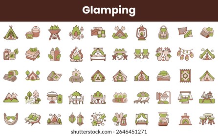 A collection of charming glamping icons featuring tents, campfires, and outdoor elements, perfect for nature lovers seeking comfort and adventure.
