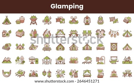 A collection of charming glamping icons featuring tents, campfires, and outdoor elements, perfect for nature lovers seeking comfort and adventure.