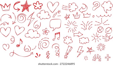 Colección de encantadores Elementos de doodle dibujados a mano que incluyen corazones estrellas flechas nubes y Formas decorativas caprichosas para el diseño.
