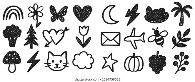Collection of charming hand drawn doodles featuring whimsical rainbow, floral, and celestial elements