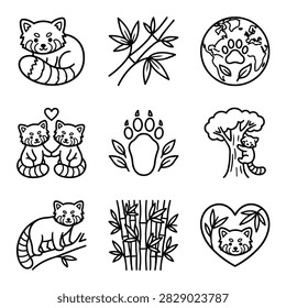 A collection of charming hand-drawn icons featuring red pandas, bamboo, and nature-related symbols.