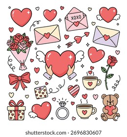 A collection of charming hand-drawn illustrations featuring hearts, envelopes, flowers, gifts, and a teddy bear, perfect for Valentine's Day themes.