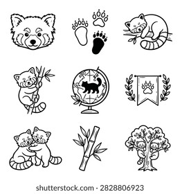 A collection of charming hand-drawn illustrations featuring red pandas in various poses and activities, including sleeping, climbing, and hugging.