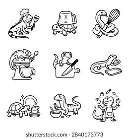 A collection of charming hand-drawn illustrations featuring reptiles like iguanas, turtles, chameleons, and geckos participating in culinary tasks and kitchen scenes.