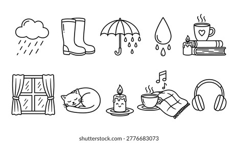A collection of charming hand-drawn line art icons representing rainy days, comfort, and cozy autumn themes. Perfect for seasonal designs, stationery, scrapbooking, and web illustrations.