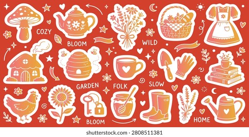 A collection of charming, hand-drawn style illustrations depicting a cozy, rural lifestyle. Includes a mushroom, house, teapot, beehive, chicken, sunflower, books, and gardening tools.