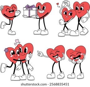 A collection of charming heart mascots in playful romantic activities, celebrating love and Valentine’s Day through dynamic interactions and joyful gestures.