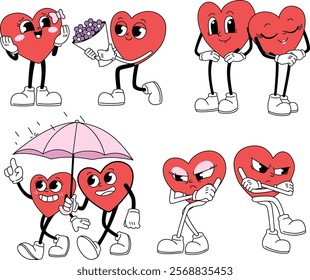 A collection of charming heart mascots in playful romantic activities, celebrating love and Valentine’s Day through dynamic interactions and joyful gestures.