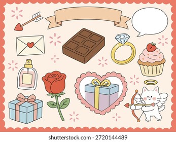 A collection of charming illustrations featuring love symbols, gifts, and sweet treats. Ideal for Valentine's Day cards, romantic designs, and festive decorations.