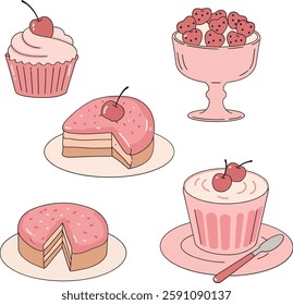 A collection of charming pink desserts, including cupcakes, layered cakes, and parfaits, evoking a sweet and joyful atmosphere.