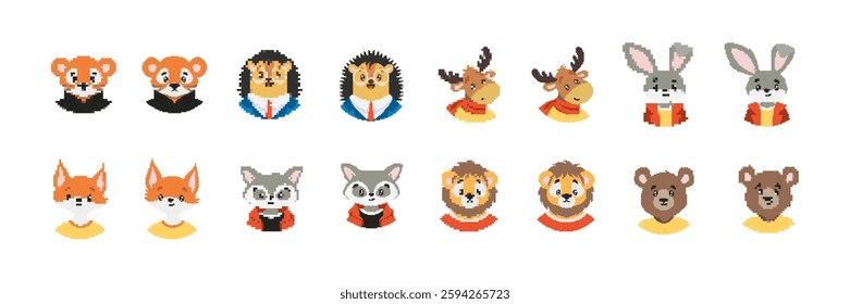 Collection of charming pixel art animals dressed in diverse outfits with distinct patterns and colors.