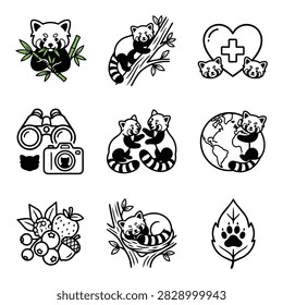 A collection of charming red panda icons depicting various activities and themes.