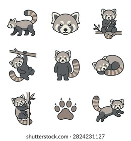A collection of charming red panda illustrations showcasing various adorable poses and activities of the animal.