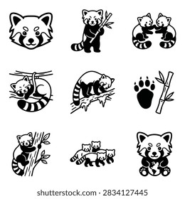 Collection of charming red panda illustrations in various poses and activities, perfect for design elements.