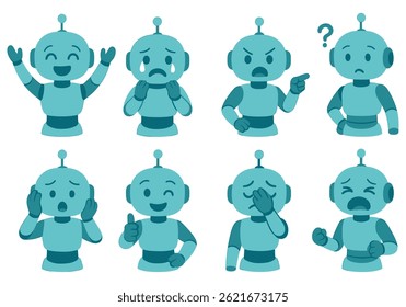 Collection of charming robot emoticons showcasing diverse emotional expressions and simple designs
