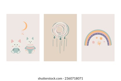 A collection of charming Scandinavian style boho baby cards featuring adorable doodle children clipart.Cute cartoon bohemian nursery posters.For shower invitations, posters, and more.