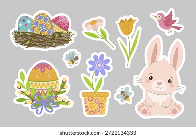 colección Encantadora pegatina de Ilustración vectorial con un lindo conejo de Pascua, coloridos huevos decorados en un nido, flores, abejas y un pájaro. Perfecto para celebrar temas de primavera y Pascua.