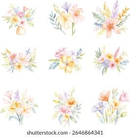 A collection of charming watercolor floral bouquets in soft pastel colors, perfect for adding a touch of natural beauty and elegance to any design project. These are isolated on transparent background
