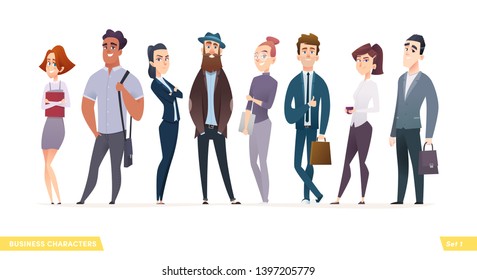 Collection of charming young entrepreneurs or businessmen and managers. Business people standing togever. Flat modern cartoon style