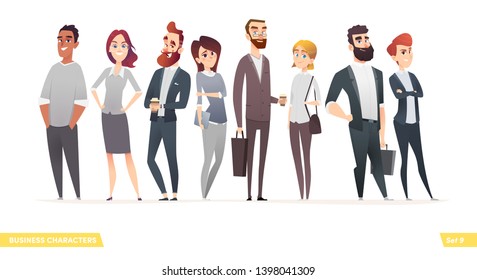 Collection of charming young entrepreneurs or businessmen and managers. Business people standing togever. Flat modern cartoon style