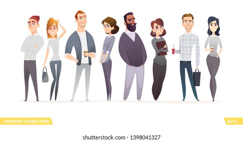 Collection of charming young entrepreneurs or businessmen and managers. Business people standing togever. Flat modern cartoon style