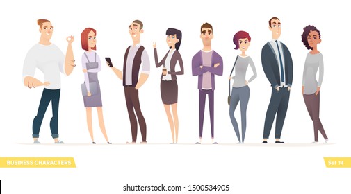 Collection of charming young entrepreneurs or businessmen and managers. Business people standing togever. Flat modern cartoon style.