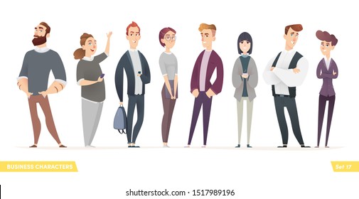 Collection of charming young entrepreneurs or businessmen and managers. Business people standing togever. Flat modern cartoon style.