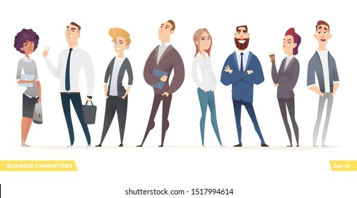 Collection of charming young entrepreneurs or businessmen and managers. Business people standing togever. Flat modern cartoon style.