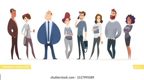 Collection of charming young entrepreneurs or businessmen and managers. Business people standing togever. Flat modern cartoon style.