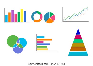 collection of charts in the form of 2d with solid colors. pie, column, row, bar.