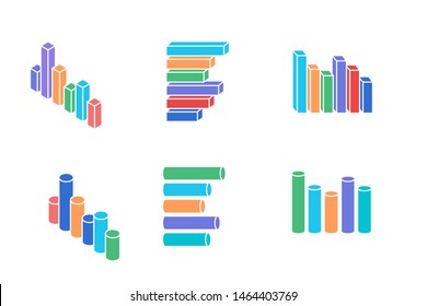 collection of charts in the form of 3d isometry with solid colors.  column, row, bar.