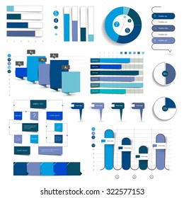 Collection of charts, graphs, flowcharts. Infographics in blue color.