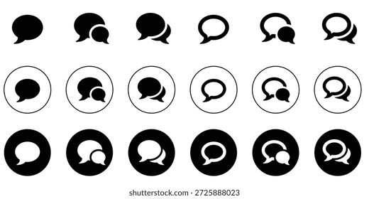 Una colección de íconos de burbujas de chat en varios estilos, incluidos sólidos, delineados e invertidos, adecuados para el diseño de la interfaz de usuario.