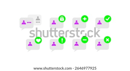 A collection of chat bubbles with various icons representing different actions or states, such as adding, subtracting, and locking.