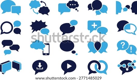 Collection of chat messages icons, dialogue boxes, conversation symbols, social media elements.