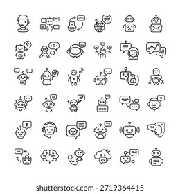 Colección de iconos de chatbot incluyendo usuario, conversación, mensaje, IA, robot, Asistencia, servicio, Comentarios, pregunta, respuesta, mesa de ayuda, interfaz