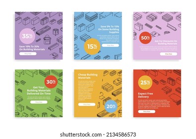 Collection cheap building materials digital store landing page vector illustration. Set advertising sale discount special offer promo price internet shopping user interface. Online application