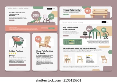 Collection Cheap Outdoor Patio Furniture Landing Page Internet Advertising Isometric Vector Illustration. Set Sale Discount Special Offer Online Store Garden Furnishing Exterior Decoration Relax